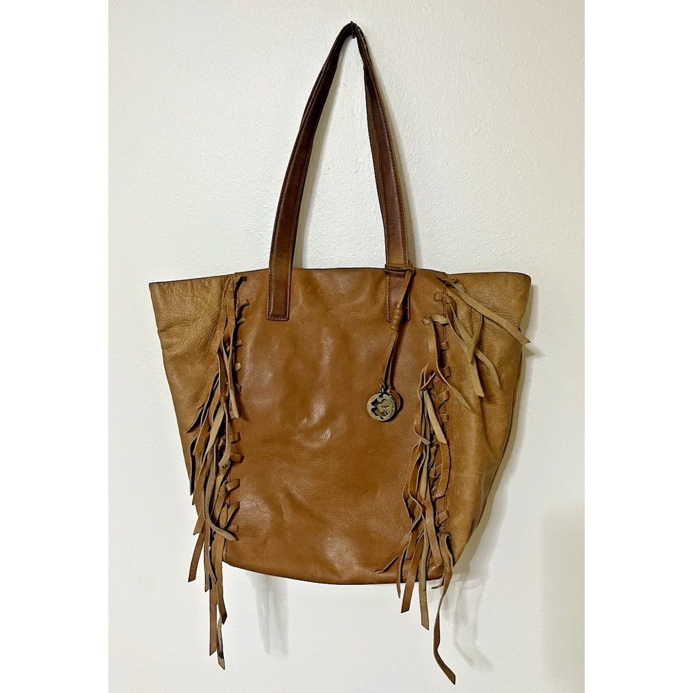 Lucky Brand Leather Fringe Purse Large Tote Bag Brown Boho Charm